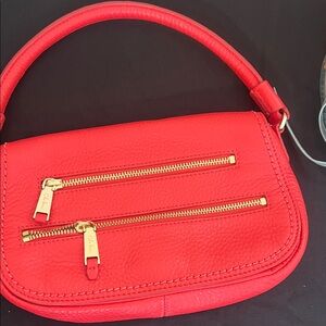 Coral-Red Pebbled Leather Top-Handle Bag with Gold Zippers
